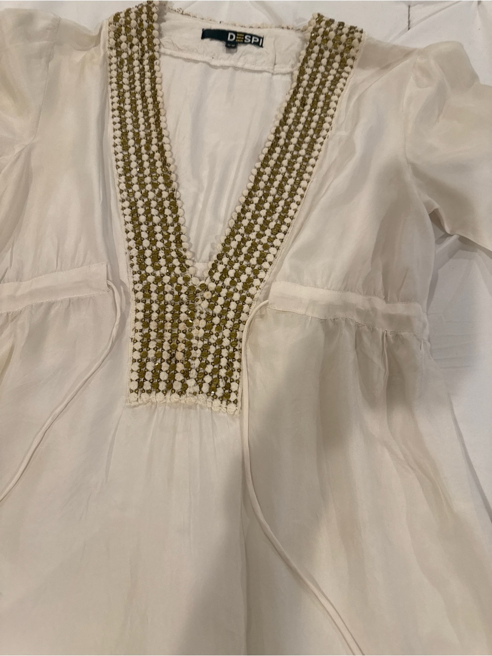 DESPI 100% Silk Beaded Swim Cover Up Tunic Dress Ivory Resort Boho Size M - Picture 12 of 15